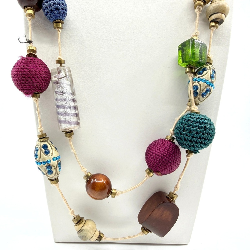 Vintage Boho Mixed Media Chunky Bead Long Layering Necklace Wood Glass Crocheted
